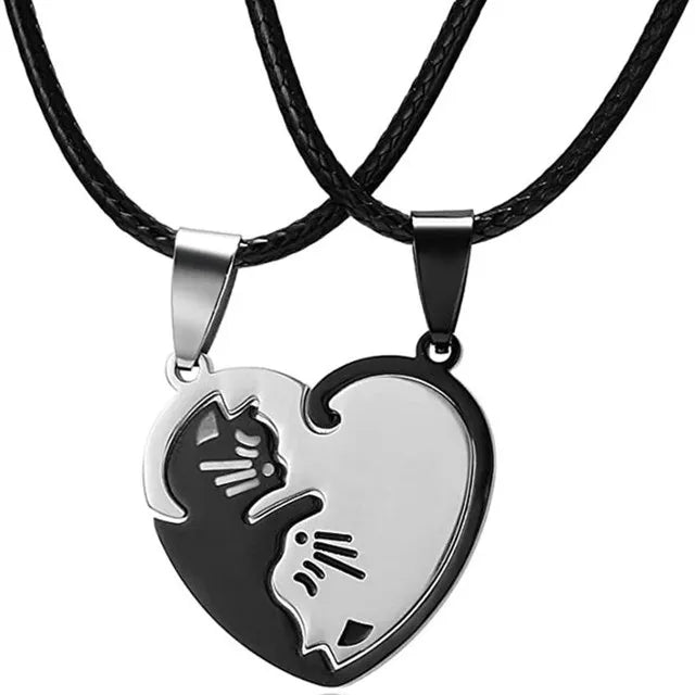 Couple Heart Necklace Cute Cartoon Cat Pendant