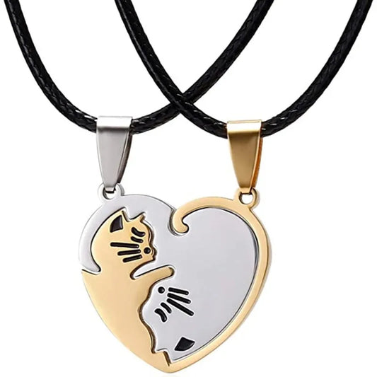 Couple Heart Necklace Cute Cartoon Cat Pendant