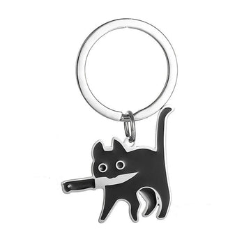 Cute Cartoon Knife Cat Keychain Stainless Steel Black Kitten Key Chains